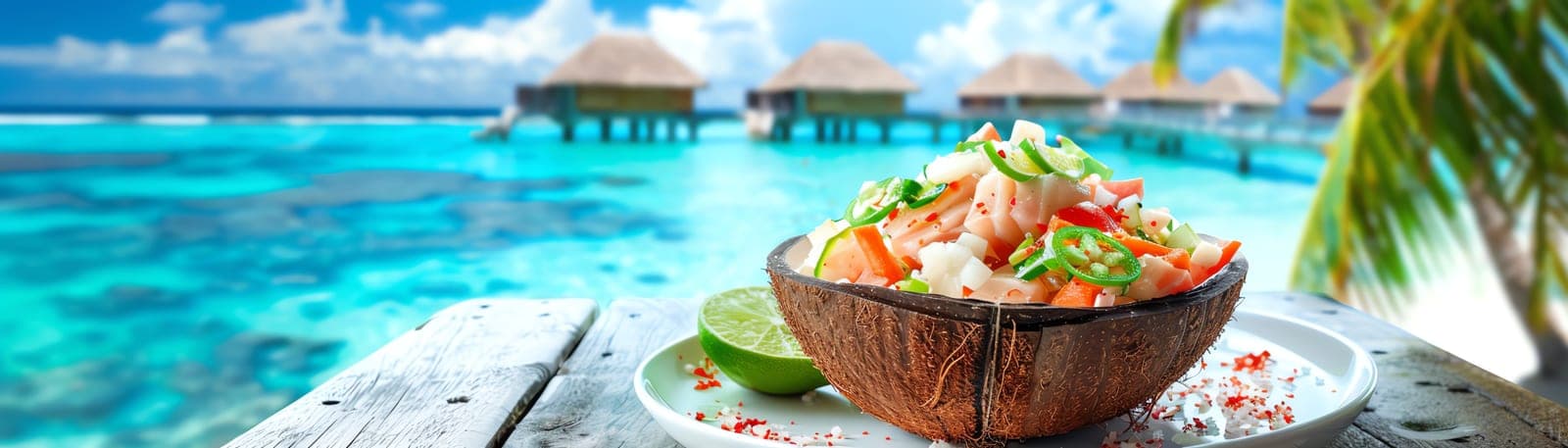 A Pacific kitchen scene — fresh tropical ingredients and traditional dishes laid out on a wooden table