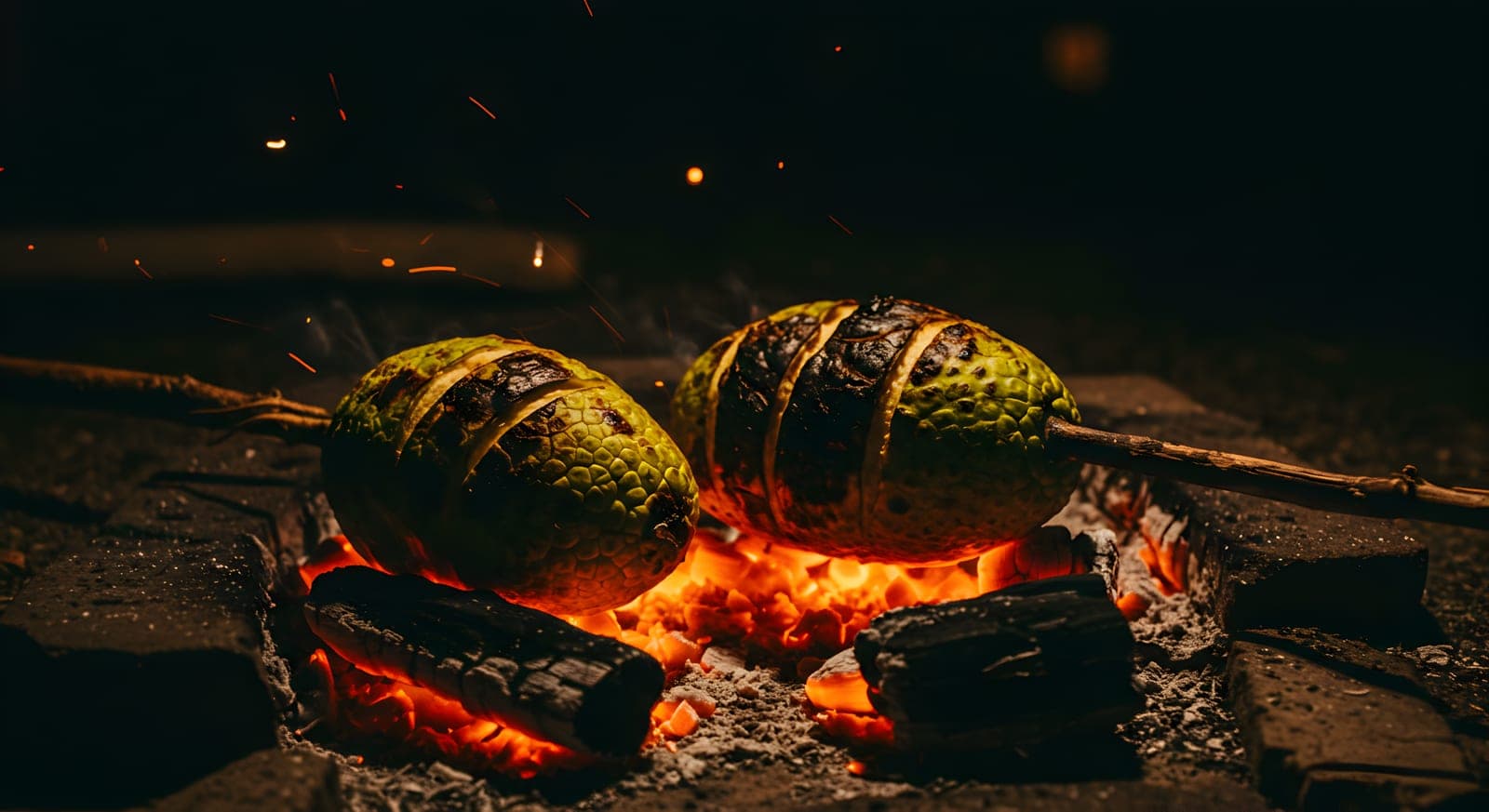 A whole breadfruit on a wooden cutting board, sliced open to show the starchy white flesh