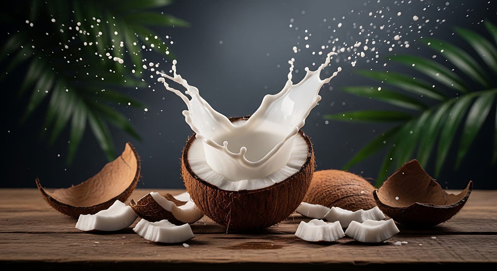 A halved fresh coconut showing the white flesh and clear water inside