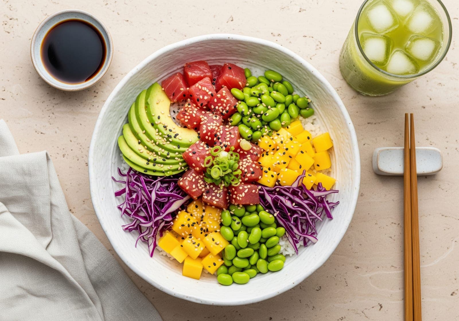A Hawaiian poke bowl — cubed raw ʻahi tuna over rice with sesame, green onion, and furikake